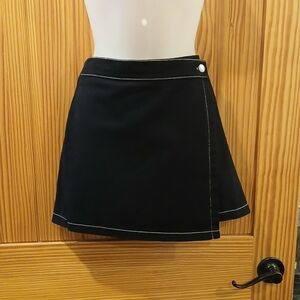 Black Brushed Cotton Denim Mini Skirt Appointed w/Thick White Threading